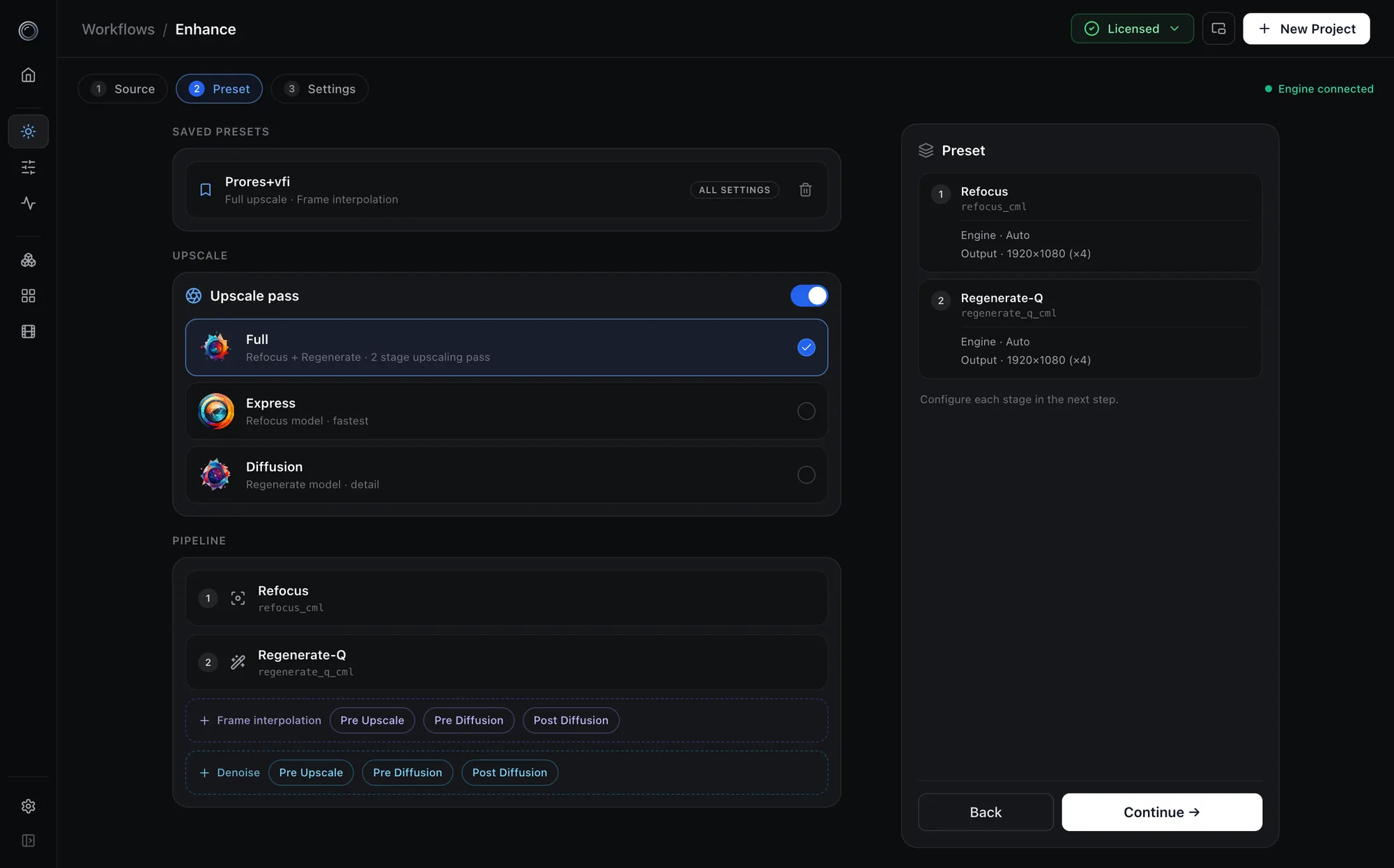 Enhance preset step with Full, Express, and Diffusion options and the pipeline list