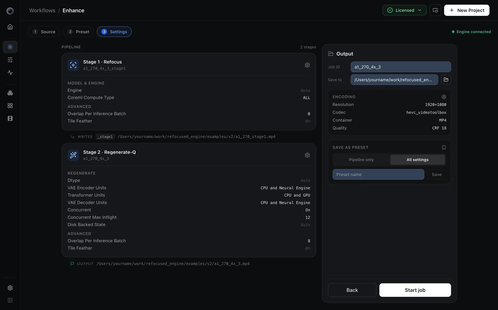 Enhance settings step with per-stage cards and output panel