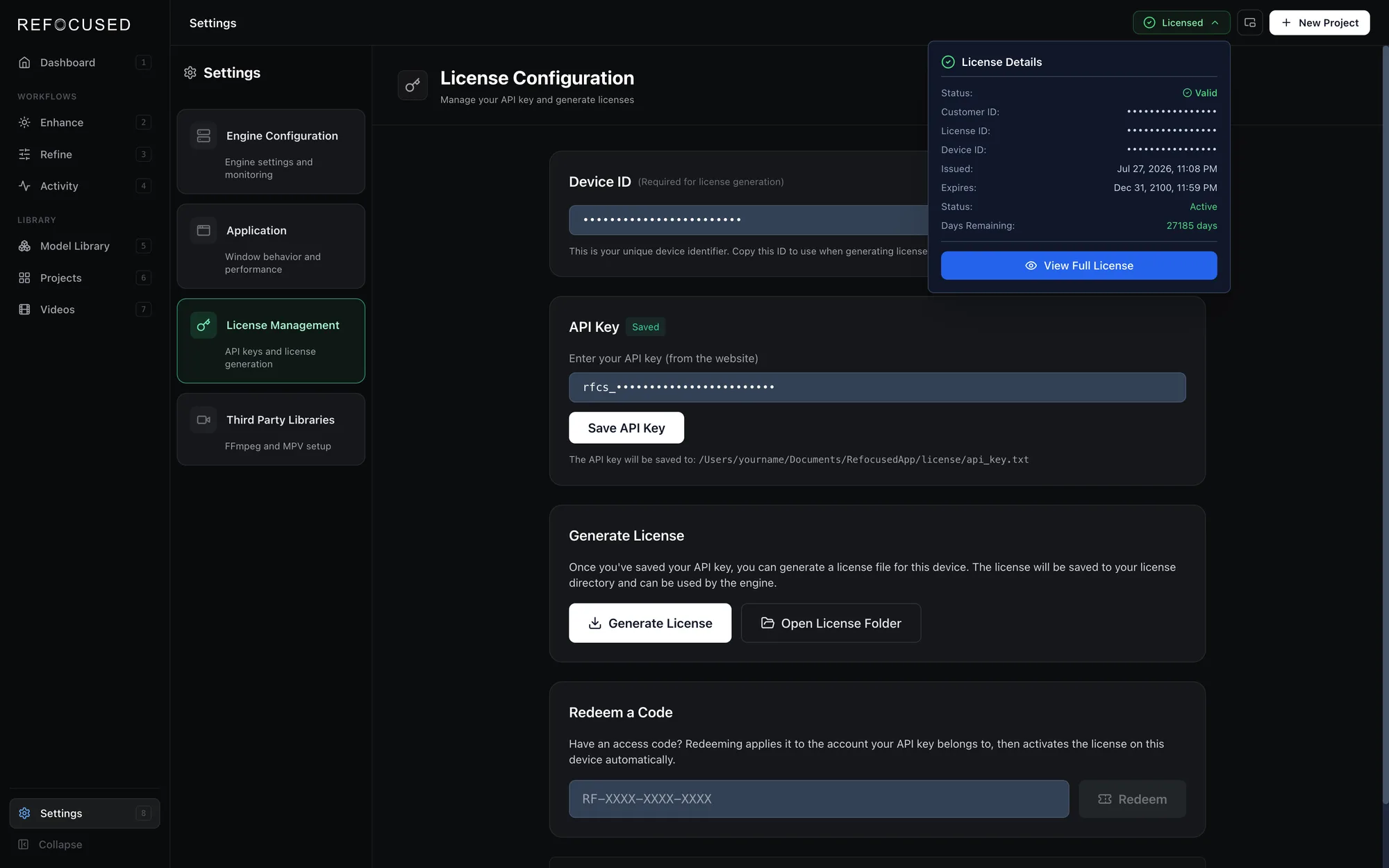 License details popover over the License Management settings