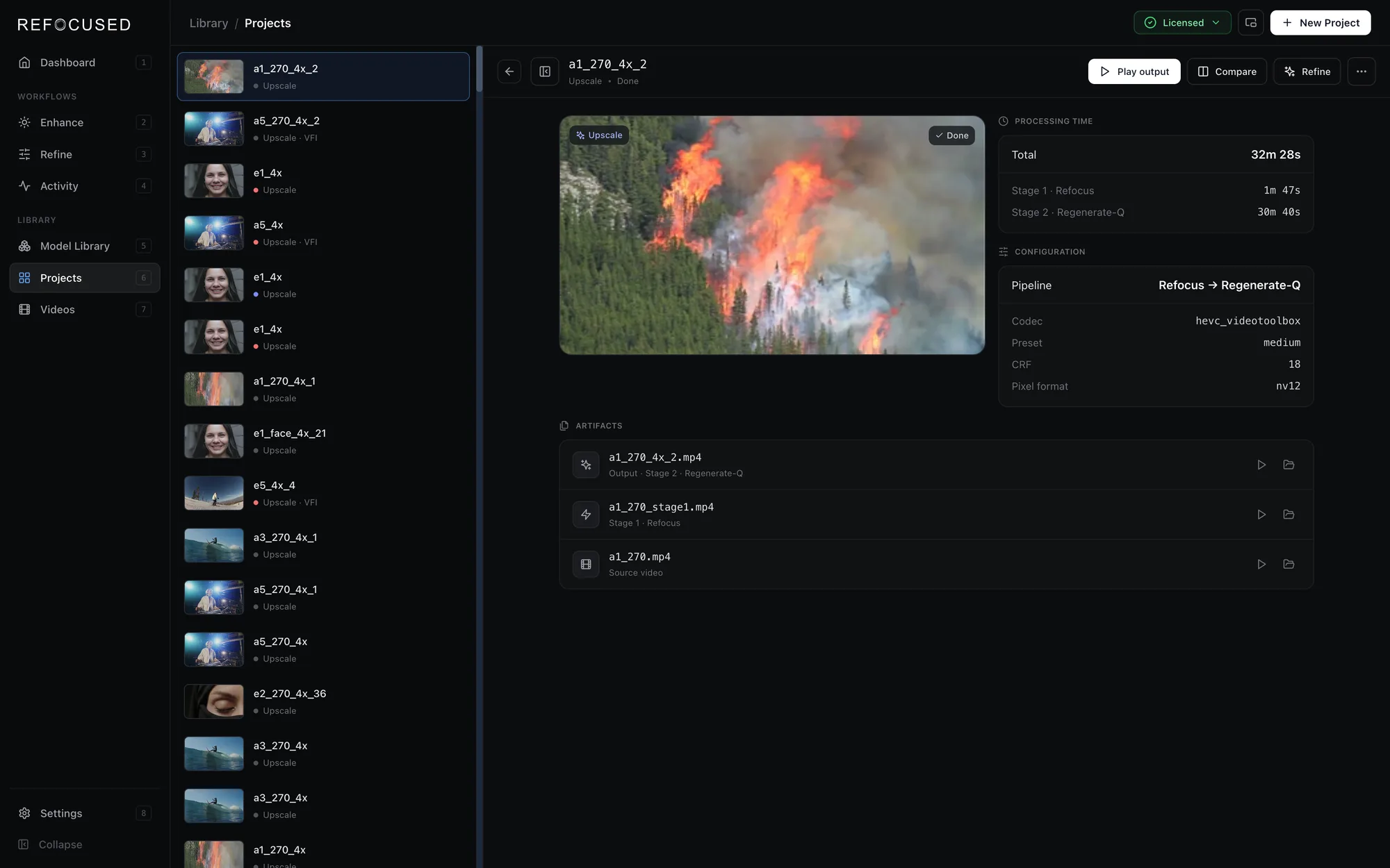 Project detail with processing time, configuration, and artifacts