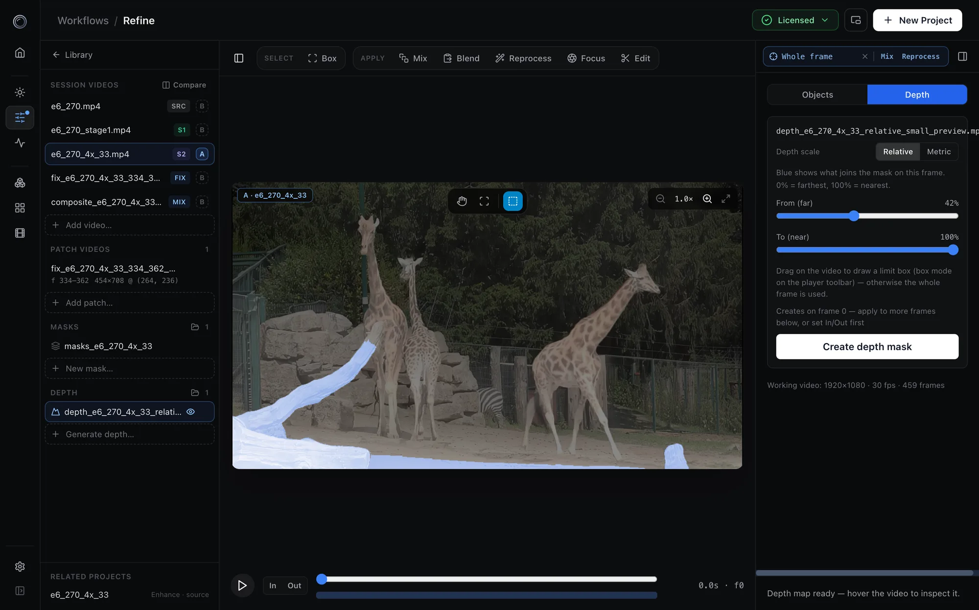 Depth tab of the mask tool selecting near-camera objects in blue