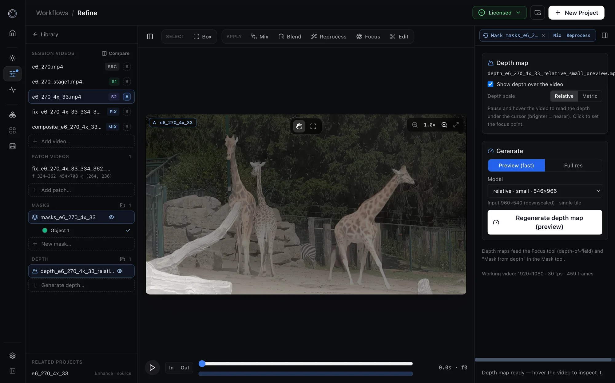 Depth map overlaid on the video, brighter meaning nearer