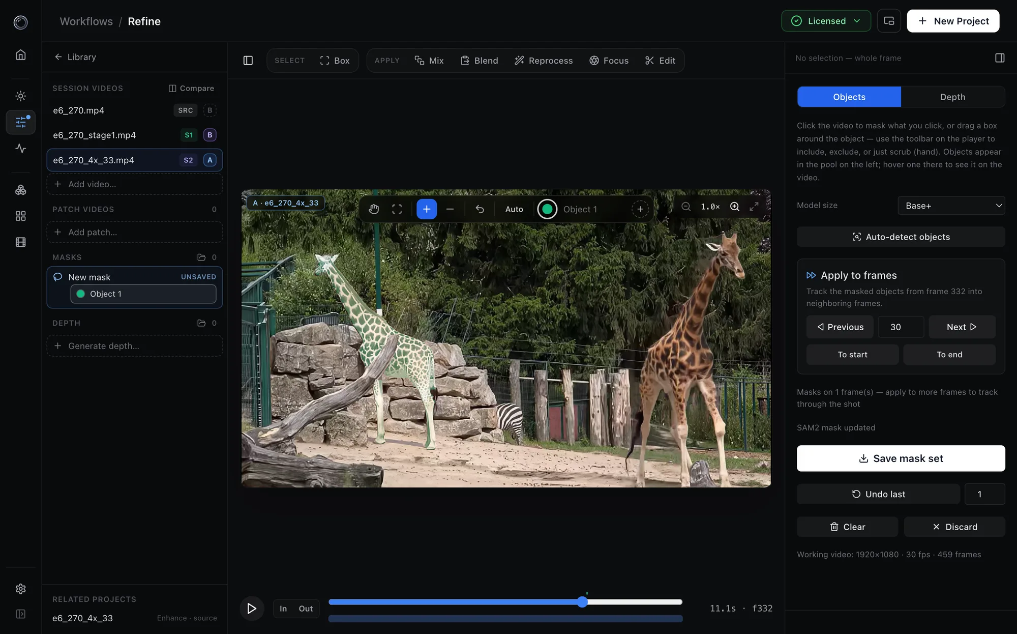 SAM2 mask authoring with a giraffe selected by a single click