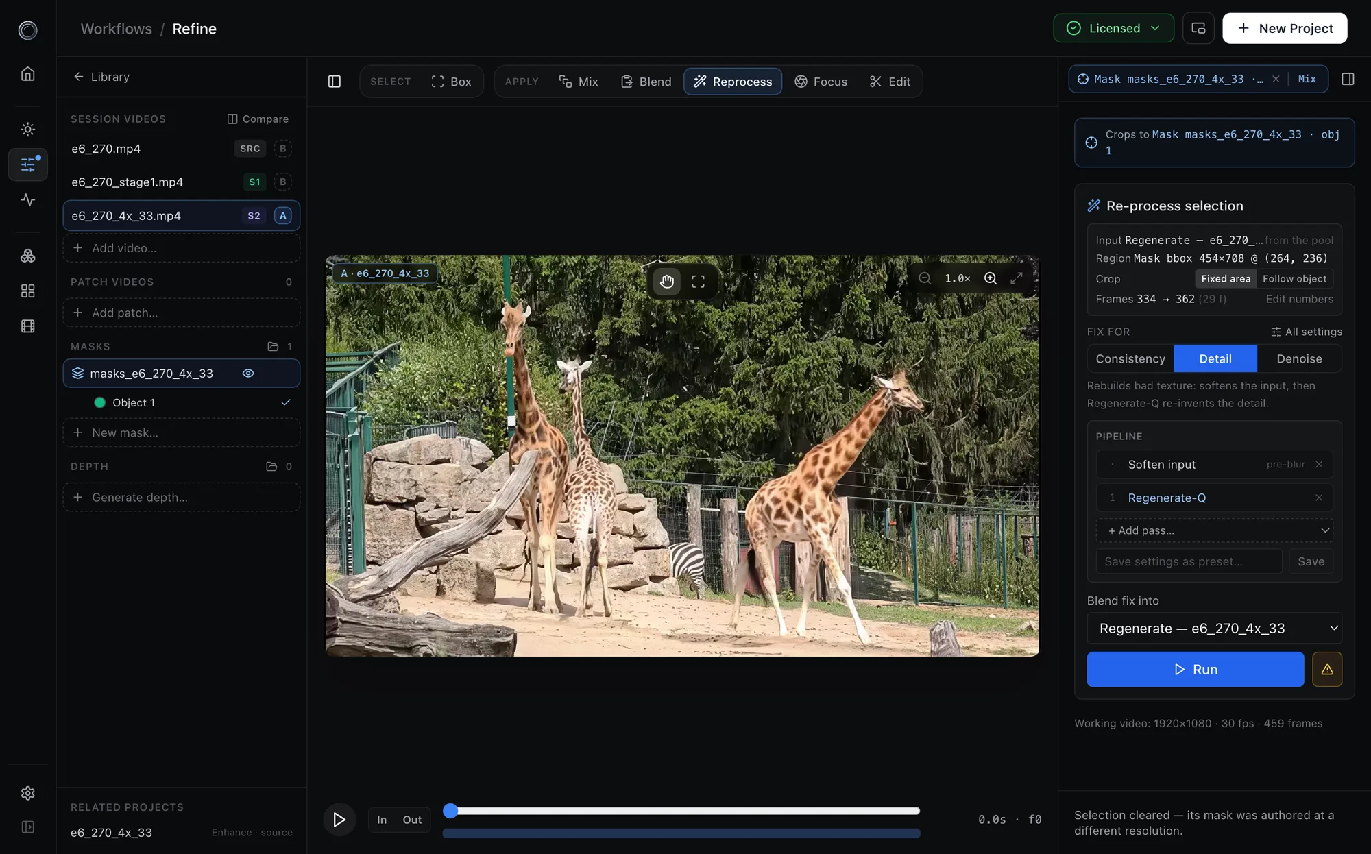 Reprocess tool cropping to the saved mask with a Regenerate-Q pipeline