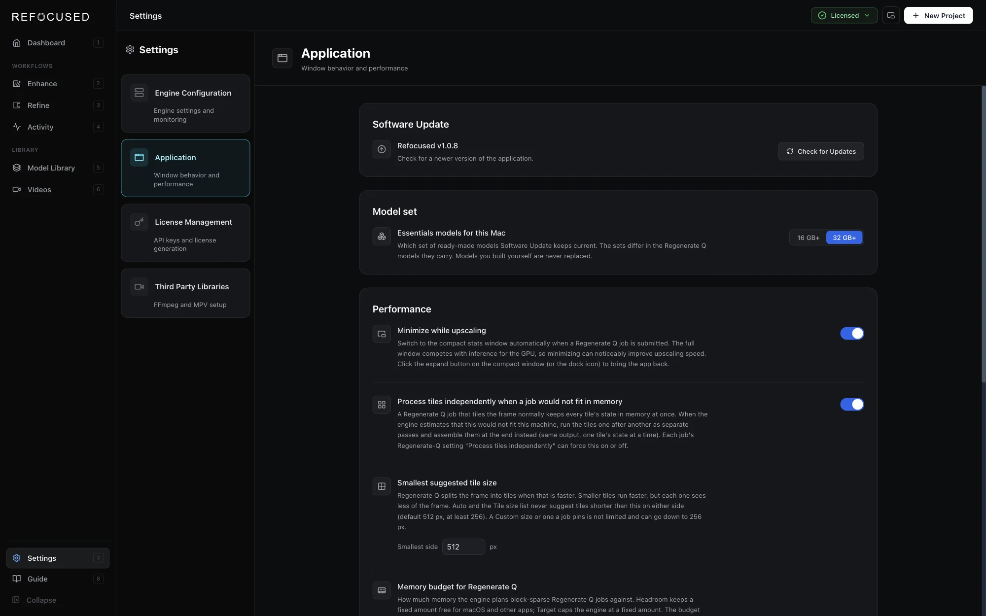 The Application settings panel with the Software Update, Model set and Performance cards