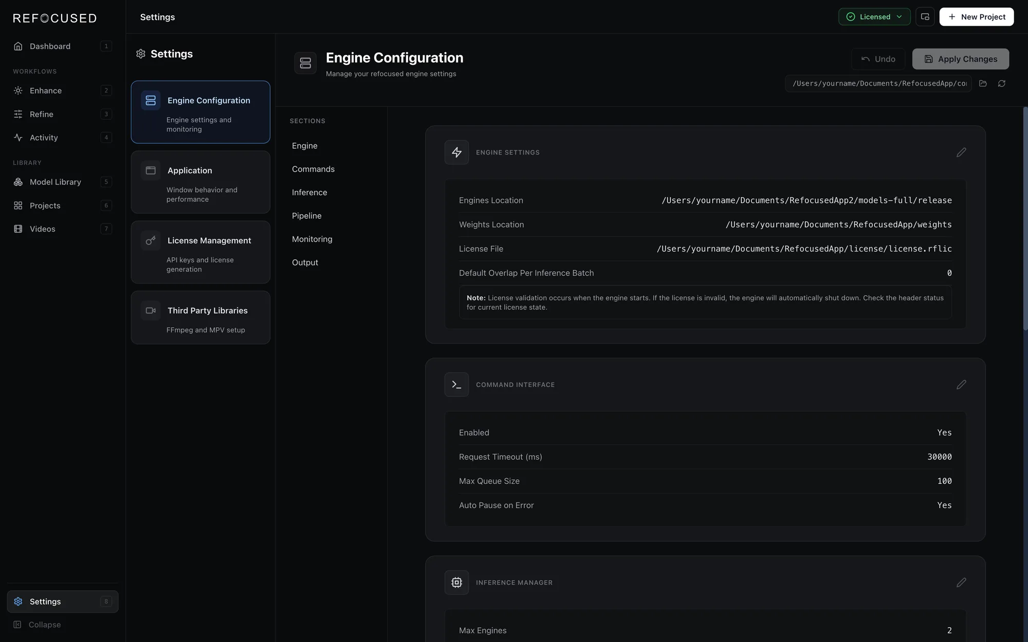 Engine Configuration settings panel