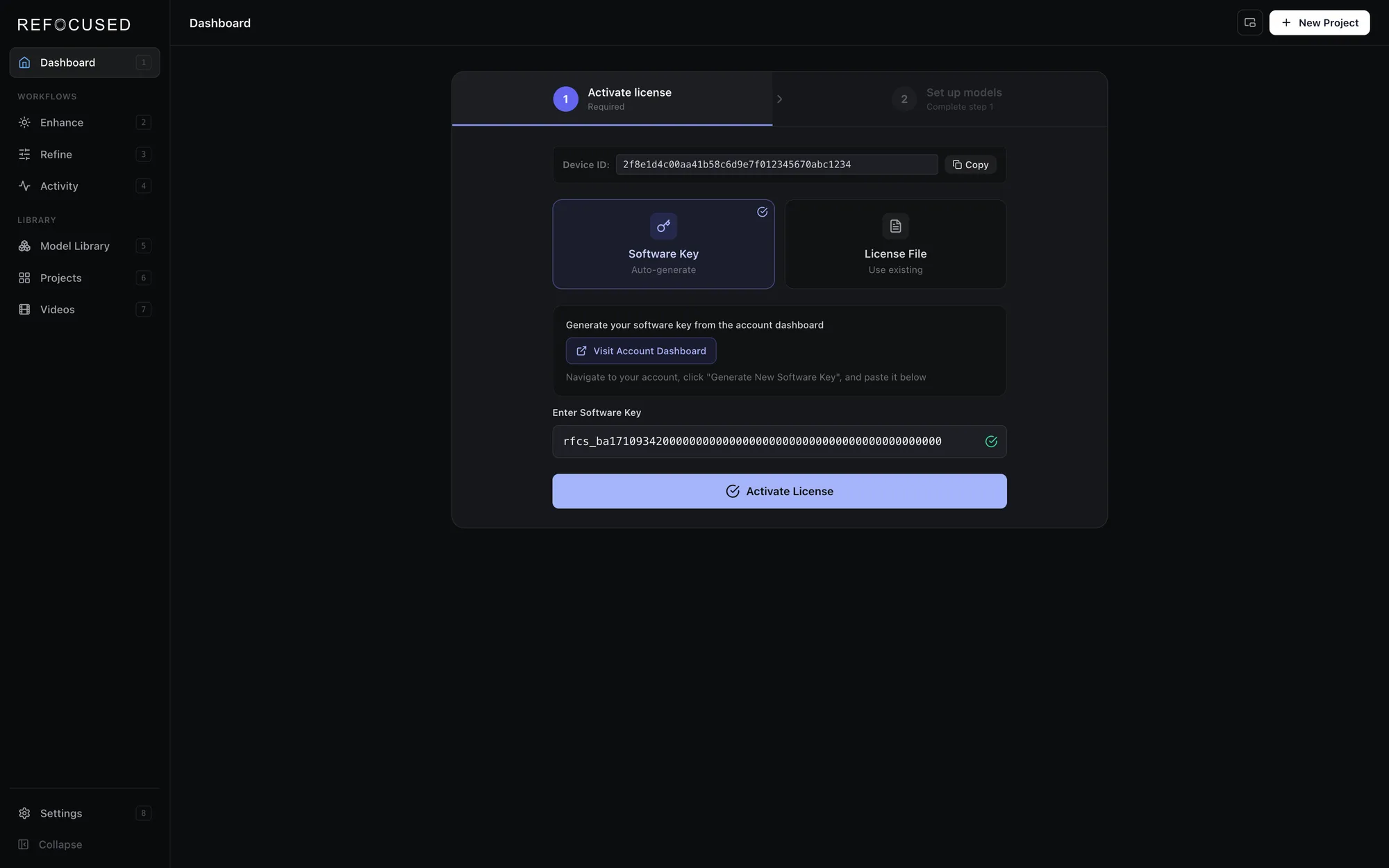 First-run setup card with Device ID, Software Key mode, and Activate License button
