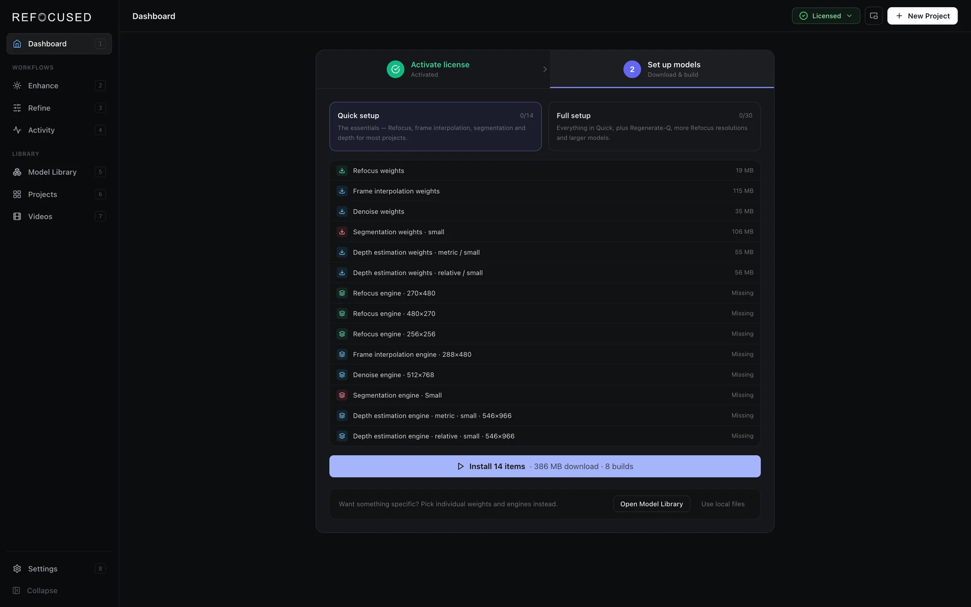 Setup card step 2 with Quick setup preset checklist