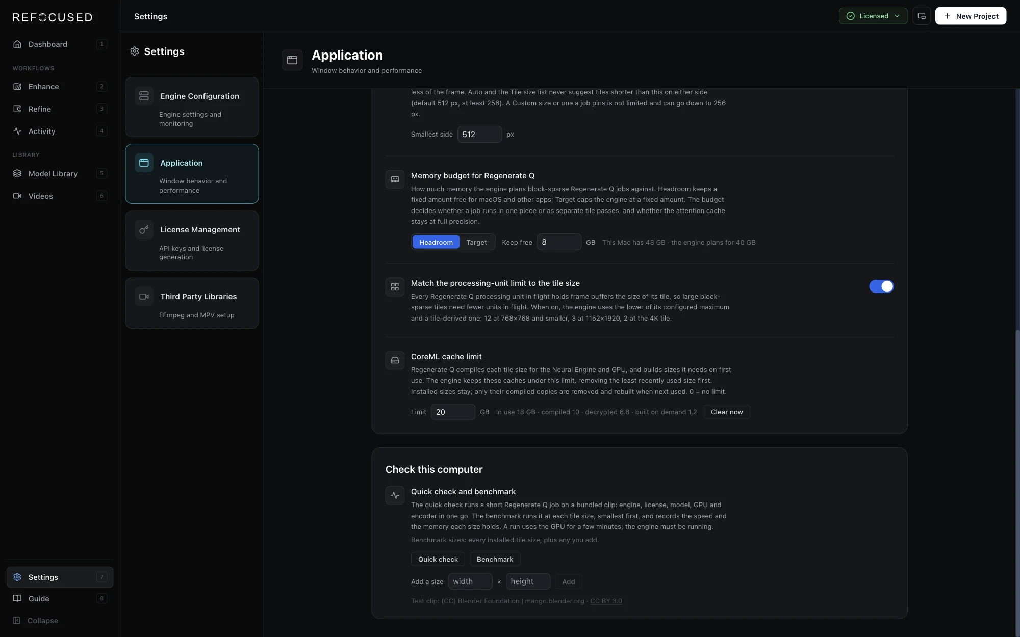 Settings → Application: the Regenerate-Q rows and the Check this computer card