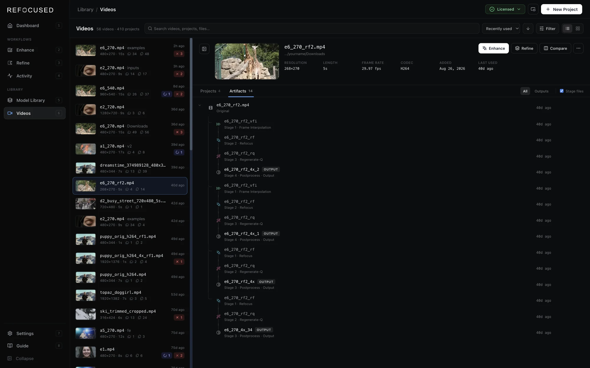 The Artifacts tab: the lineage tree for one video